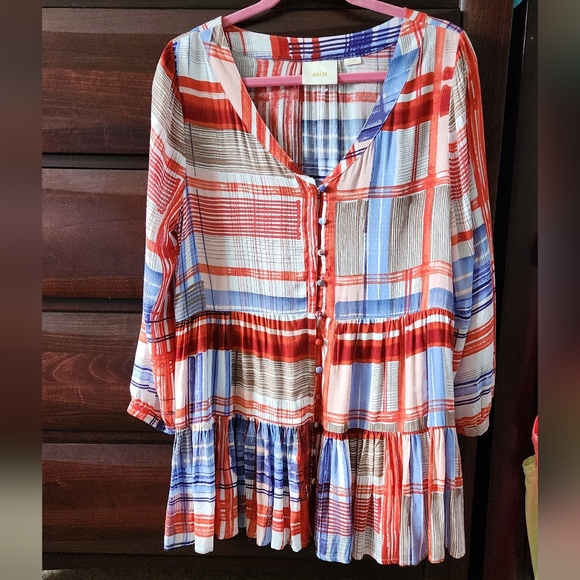Anthropologie Maeve Lila Striped Tunic Blouse Red Boho Western Rodeo Pockets L - Picture 1 of 5